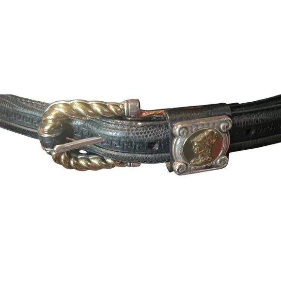 Brighton Hellenistic/Greek Black Leather Belt Sz L/ 34 Silver Gold Tone Buckle - Picture 2 of 6